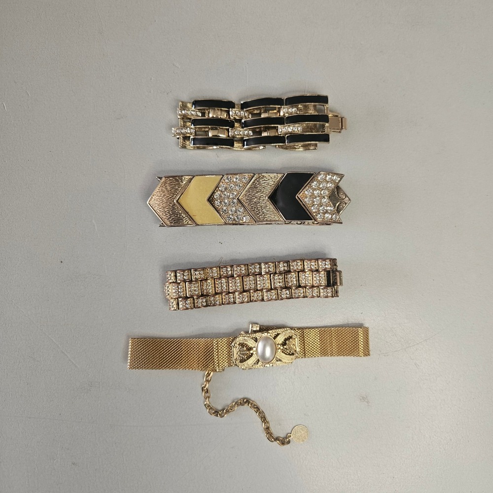 Vintage Gold Tone Bracelet Lot 4pc Rhinestone Enamel‎ Mesh Faux Pearl Art Deco